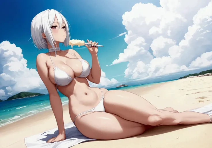 A beautiful anime girl with white hair, wearing a sexy white bikini and a revealing thong, on a beach and eating an ice cream on a sunny summer day, photographed from a low camera angle focusing on her thigh, stunning landscape