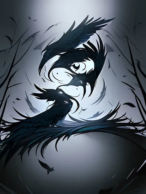 a high quality yin yang composed of two ravens, one black and one white, intricate detailed feathers, dark moody atmosphere, dra...