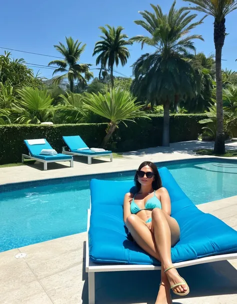 A young brunette woman, 23 years old, lounging by a sparkling blue pool on a sunny day, wearing nothing,  showing . She is lying on a comfortable sun lounger with sunglasses on, a refreshing tropical drink on a side table. Palm trees and vibrant pool float...