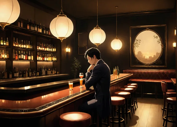 A luxurious and quiet bar scene、Dimly lit room、Drinking alone