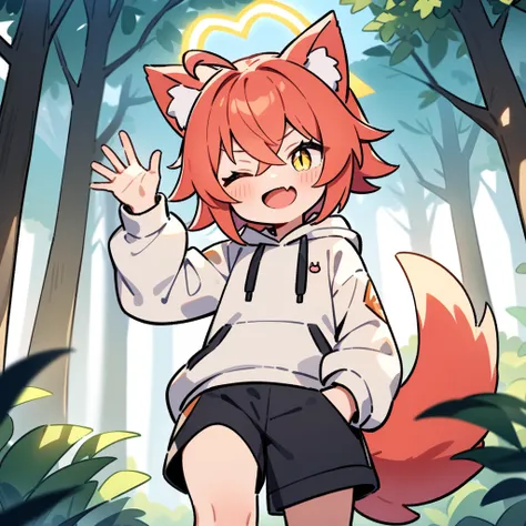 （masterpiece：1.2，high quality），4K，High resolution，A seven-year-old boy，cute boy， light red hair，short hair，crossed bangs，light yellow eyes，slit pupils，one eye closed，heart ahoge，yellow halo，cat ears，laughing，skin fang，Wearing a white hoodie，Black shorts，St...