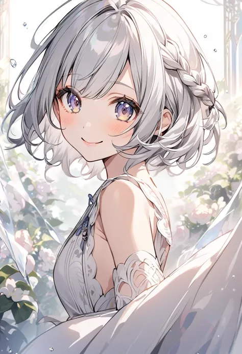 Silver Hair　Asian　smile　Demure　Drooping eyes　short hair　Braid