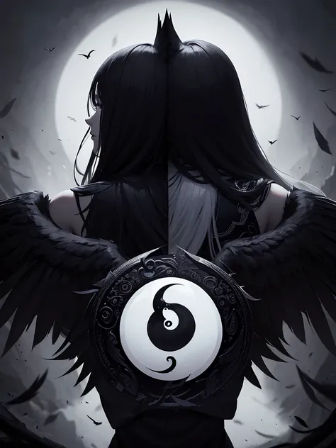 a high quality yin yang composed of two ravens, one black and one white, intricate detailed feathers, dark moody atmosphere, dramatic lighting, gothic, cinematic, 8k, award winning, photorealistic