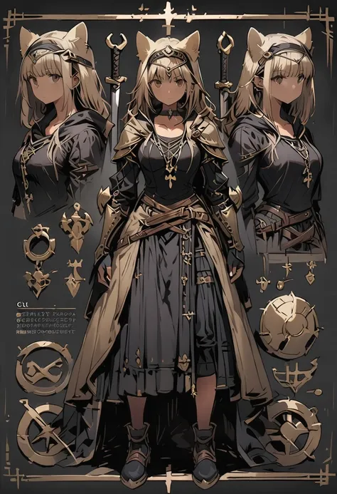 Framed Presentation of a catgirl, woman character design sheet, with detailed accessories, shoes, medieval equipament, swords, full body, perfect, ((masterpiece))