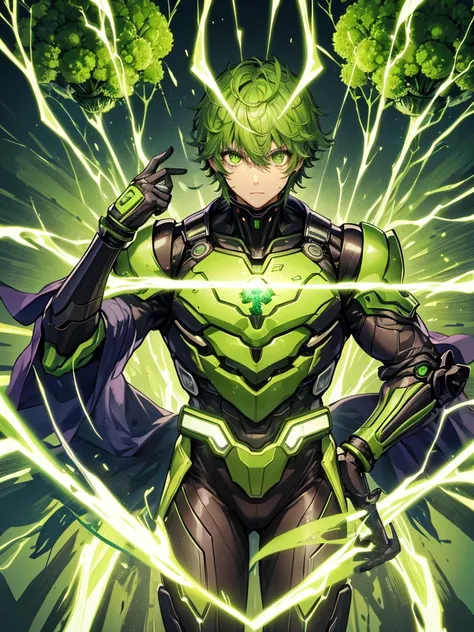 全身緑色のアーマーに包まれたcyborg,Skin color is green,Broccoli growing from head,Face is green in color,cyborg,ー,(Image of 1 person),Male images),Kamen Rider,The background is broccoli,a large amount of broccoli,