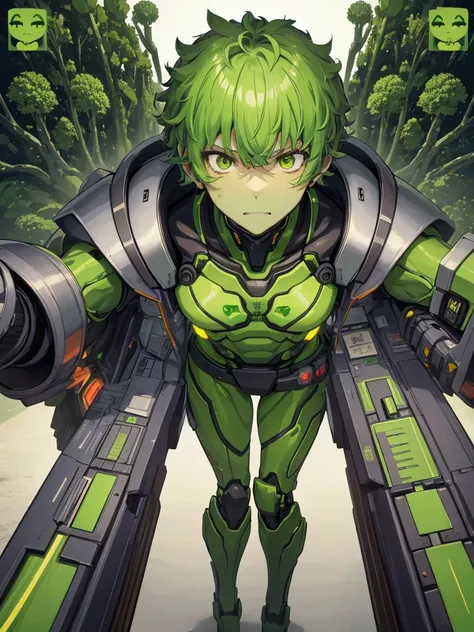 全身緑色のアーマーに包まれたcyborg,Skin color is green,Broccoli growing from head,Face is green in color,cyborg,ー,(Image of 1 person),Male images),Kamen Rider,The background is broccoli,a large amount of broccoli,