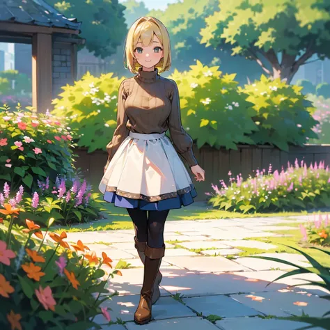 (high quality, High resolution, Very detailed, reality:1.37), Peaceful atmosphere, (Outdoor, garden), Teenage girl standing alone, (my breasts are big.), Beautiful details, Cute Smile, (Blonde Bob Hair), Ribbed sweater, Blue Skirt, Black tights, Brown boot...