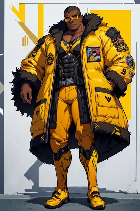 (masterpiece, best quality, high resolution, 1 big muscular man, ((dark skin)) no hair, cyberpunk style glasses, cyberpunk style yellow leopard print suit, dress shoes yellow, long white fur coat, superb posture(white background, stickers. Redmond), ((full...