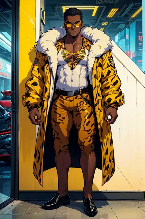 (masterpiece, best quality, high resolution, 1 big muscular man, ((dark skin)) no hair, cyberpunk style glasses, cyberpunk style yellow leopard print suit, dress shoes yellow, long white fur coat, superb posture(white background, stickers. Redmond), ((full...