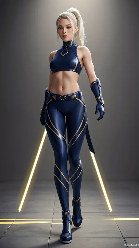 (((full body photo))), ((full body photo, standing, feet on the floor)) flats for women, (masterpiece, 4k resolution, ultra-realistic, very detailed) beautiful sexy superheroine , has LAVA powers, white hair with a ponytail, belly back with gold contours, ...