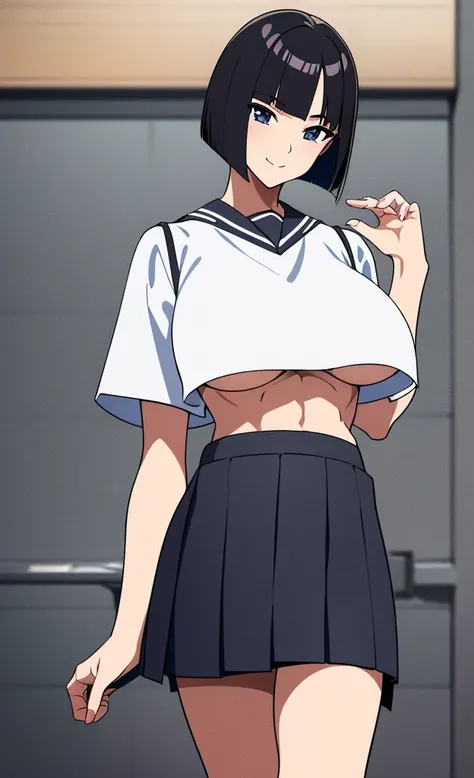 masterpiece, best quality, ultra detailed, ultra high resolution, very detailed face, solo, ((anime)), 20 years old girl, (((school uniform, croptop, short skirt))), ((black bob  hair)), (((large breast))), (six pack abs:1.2), ((little smile)), forward lea...