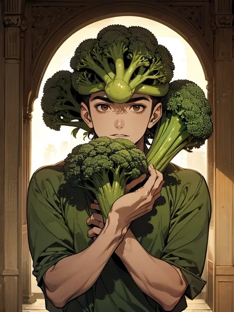 Beautiful young man holding broccoli,Handsome,Broccoli growing from head,Upper body naked,broccoli forest,gravure,16 years old,The background is a lot of broccoli,