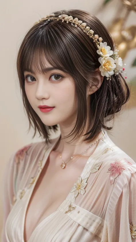 (20-year-old female,Flower Clothing), (Surrealism), (high resolution), ((Beautiful Hairstyle 46)), ((short hair:1.46)), (Gentle smile), (Chested:1.1), (Lipstick)