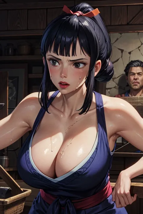 masterpiece, Highest quality,  Unreal Engine,  Super Resolution,  Very detailed, 

One Woman, Lady Eboshi from Princess Mononoke, Cleavage, Physical Beauty, (Muscular:0.8), (Big Breasts), bold, Lips parted,  Observe the audience, 

In a dynamic pose,  Cowb...