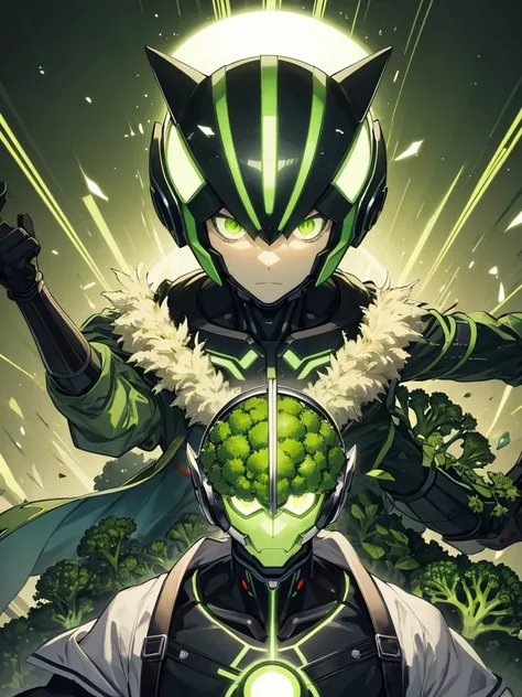 全身緑色のアーマーに包まれたcyborg,Skin color is green,Broccoli growing from head,Face is green in color,cyborg,ー,(Image of 1 person),Male images),Kamen Rider,The background is broccoli,a large amount of broccoli,,Broccoli-shaped helmet,