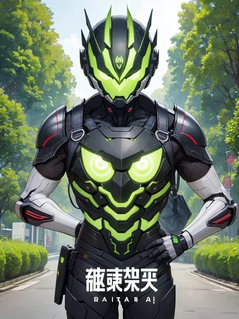 全身緑色のアーマーに包まれたcyborg,Skin color is green,Broccoli growing from head,Face is green in color,cyborg,ー,(Image of 1 person),Male images),Kamen Rider,The background is broccoli,a large amount of broccoli,,Broccoli-shaped helmet,