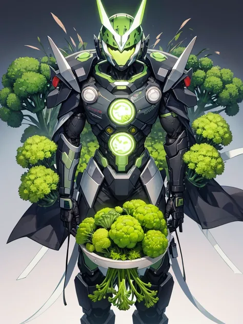 全身緑色のアーマーに包まれたcyborg,Skin color is green,Broccoli growing from head,Face is green in color,cyborg,ー,(Image of 1 person),Male images),Kamen Rider,The background is broccoli,a large amount of broccoli,,Broccoli-shaped helmet,