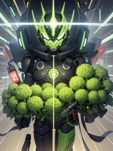 全身緑色のアーマーに包まれたcyborg,Skin color is green,Broccoli growing from head,Face is green in color,cyborg,ー,(Image of 1 person),Male images),Kamen Rider,The background is broccoli,a large amount of broccoli,,Broccoli-shaped helmet,