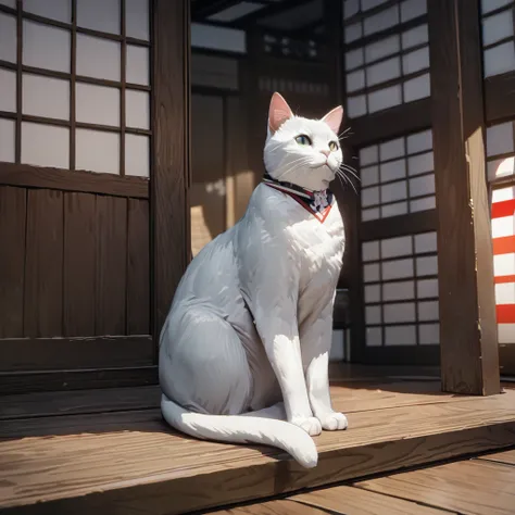 A four silver black and white cat wearing a white kimono with black details, wearing a white sash with the Japanese flag, well detailed fur, sitting on the wooden floor of a traditional Japanese house.,,(solo cat) ,UHD , prime work , accurate , anatomicall...