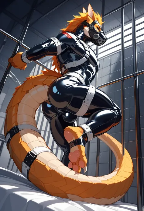 Highest quality, Highest quality, High quality illustrations, masterpiece, Ultra-high resolution, Detailed Background, Jail, On the bed, Absurd, Perfect Anatomy, performance, Good lighting, Shadows in the movies(kemono, Furry Personifi猫ion), Lizardman, Mus...