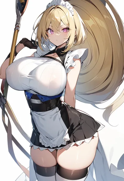 (One girl)、(bob cut)、(sidelock)、((Blonde))、（Sato Air）、(slan eyes)、（boyish）、cute、(Big super breasts)、Chubby、Maid、No sleeve、mini skirt、White sleeveless、thigh-high socks thighhighs、(long gloves)、hairs between eyes、(coarse hair)、[flipped hair]、pink eye、express...