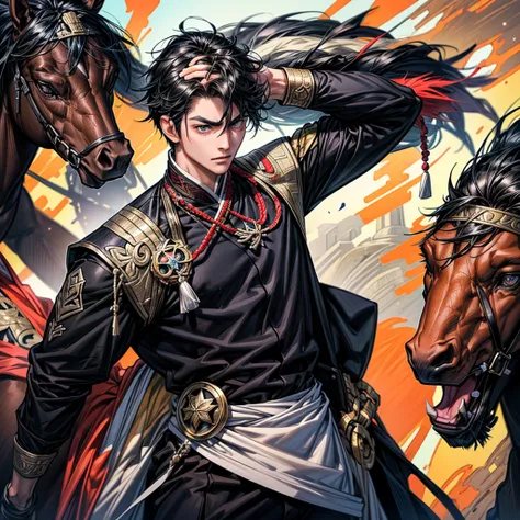 Create a muscular swordsman boy, attractive, black hair with somewhat dark skin, a race horse outfit with bright and colorful colors inspired by pre-Hispanic clothing and circular lenses. All in a style as if it were a genshin impact character. Black horse...