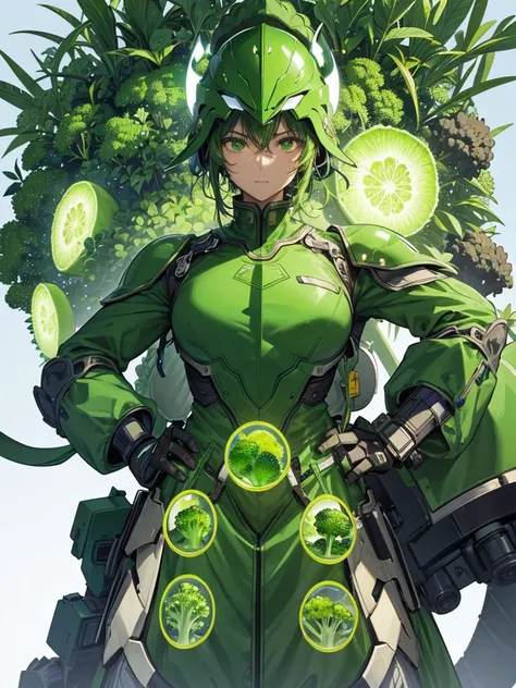 Skin color is green,Broccoli growing from head,Face is green in color,cyborg,ー,(Image of 1 person),Male images),背景はa large amount of broccoli,a large amount of broccoli,,Broccoli-shaped helmet,Handsome