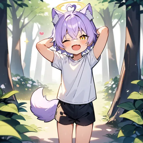 （masterpiece：1.2，high quality），4K，High resolution，A seven-year-old boy，cute boy， light purple hair，short hair，crossed bangs，light yellow eyes，slit pupils，one eye closed，heart ahoge，yellow halo，cat ears，laughing，skin fang，Wearing a white shirt，Black shorts，...