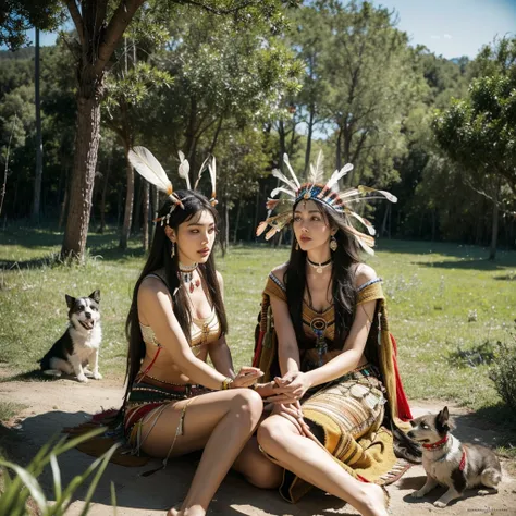 Monica Bellucci beautiful woman wearing a Native American dress sitting in the forest with her dogs, native American, Native American Warriors, Native American Warriors, American Indian headdress, Indian warrior, Head dress, Wearing a Native American choke...