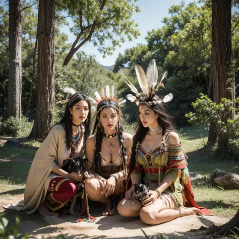 monica bellucci beautiful woman wearing a native american dress sitting in the forest with her dogs, native american, native ame...