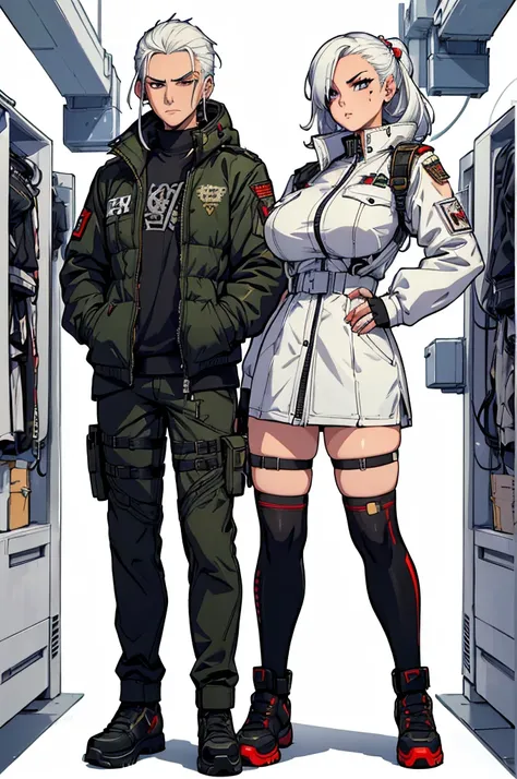 (masterpiece, best quality, high resolution, ((huge breasts))1 woman, military hairstyle, white hair, right eye patch, cyberpunk style white military clothes, cyberpunk style military shoes, style run cyberpunk, military posture military(white background ,...