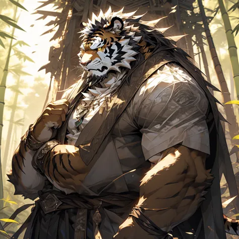 白色皮肤tiger),(黑白阴阳General战袍),Holding a long sword,坚Strong姿态,Stand calmly,(The background is a dark forest，Full of bamboo:1.2),abdominal muscles,Heroic Stance飒爽,完美的masterpiece,Various facial details,Perspective from a distance,specific description,masterpiece...