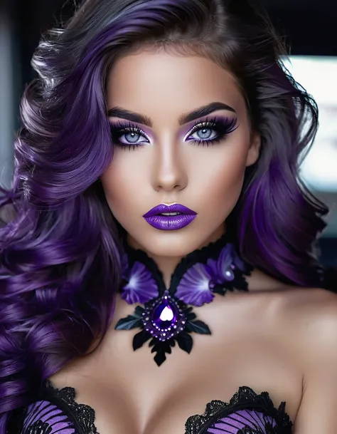 Sublime very sexy woman, Naked Detailed lips, detailed eyes, detailed eyelash, detailed face, sublime and detailed body, long cheveux violet, visage de séduction, ((violet make-up)), photo du milieu du corps, ((porter un costume)),(( Une cravate violette, ...