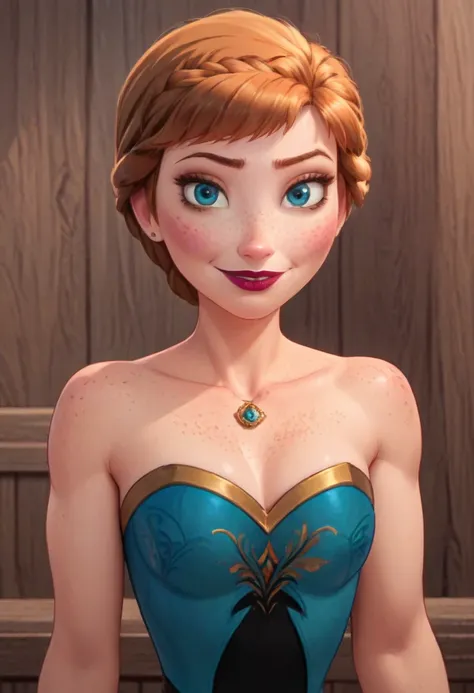 ((masterpiece, best quality)), disney reference, (anna), anna smirks at viewer, lipstick, freckles on face, upper body: bare sho...