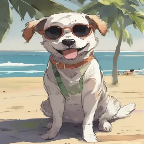 sitting on a sunny beach、dog wearing sunglasses, detailed, high quality　anime