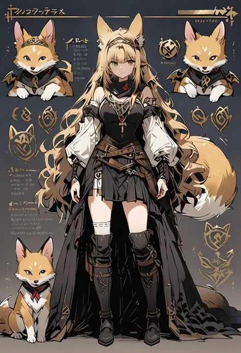 Framed Presentation of a foxgirl, woman character design sheet, with detailed accessories, shoes, medieval equipament, swords, full body, perfect, ((masterpiece)), fox pet