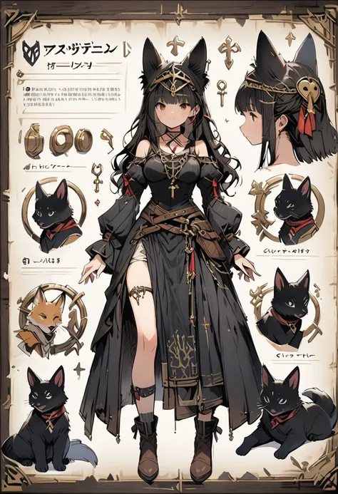 Framed Presentation of a foxgirl, woman character design sheet, with detailed accessories, shoes, medieval equipament, swords, full body, perfect, ((masterpiece)), fox pet