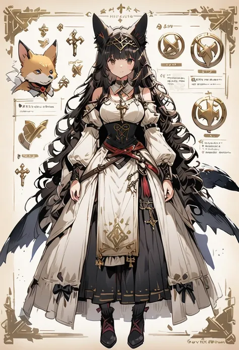 Framed Presentation of a foxgirl, woman character design sheet, with detailed accessories, shoes, medieval equipament, swords, full body, perfect, ((masterpiece)), fox pet