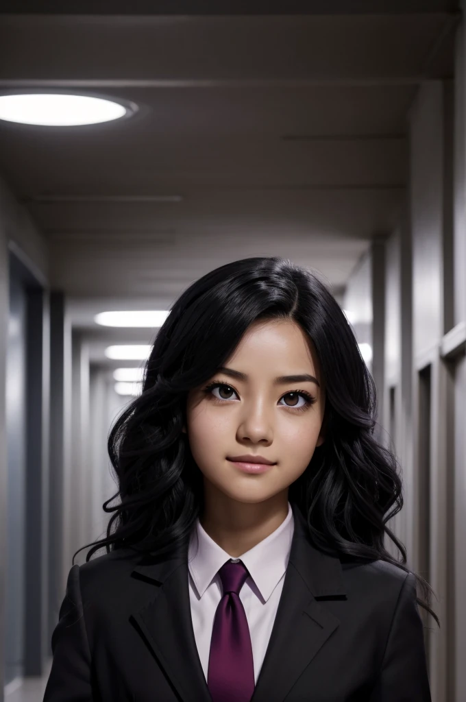 Screenshot of boku no hero academia, beautiful woman, black wavy hair with a medium purple ombre asia tips, slanted eyes, black eye color, expression of joy on the face, uniform gray coat red tie and lack tamblea truth dark, walking, school hallway backgro...