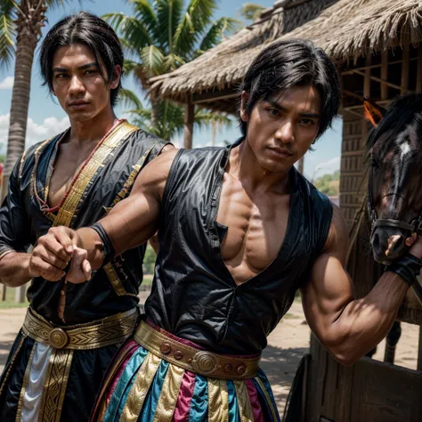 Create a muscular swordsman boy, attractive, black hair with somewhat dark skin, a racing silks outfit with bright and colorful colors inspired by pre-Hispanic clothing and circular lenses. All in a style as if it were a genshin impact character. Black hor...