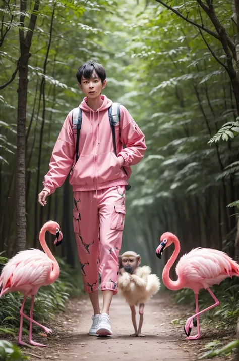 monkey walking in the forest with flamingo clothes. fluffly