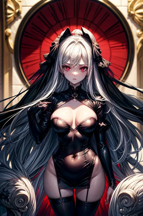 masterpiece, super detailed, precision art, beautiful young woman, 18 years old, flawless pale white skin, vampire, long straight silky black hair, beautiful blood red eyes, symmetrical face, sexy and beautiful but dangerous and deadly, staring into her ey...