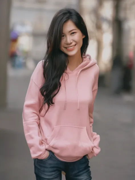 woman　33 years old　smile　stupid　Black Hair　Young　Big Breasts　Large breasts　Long Hair　I have long hair　Pink hoodie　Open the chest　White camisole whole body