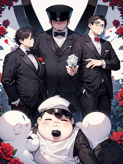 Very fat single &quot;Tuxedo Musk&quot; with a big belly, dressed in his suit, black hat and white thick frame, holding a rose in his mouth