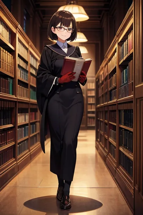 Anime Art、Full body portrait、In the dark library、A woman around 32 years old, about 160cm tall, wearing a black academic gown, standing upright and holding a book、Glasses、Embarrassed smile、Short medium length hair that reaches the shoulders、Brown Hair、Dark...