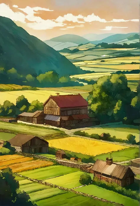 Com a farm americana como pano de fundo, criador de Digital Dai Jin&#39;Illustration depicting an anime style rural landscape，Pure color，Rich in details, que é muito bonito e cheio de Artistic sense. 图片中的房屋和湖泊Rich in details而逼真, 呈现真实Oil painting effect, Th...