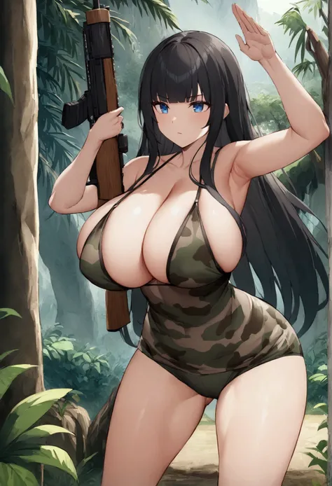 Hime cut with long black hair、Has straight bangs and blue eyes、A girl with big breasts wears camouflage in the jungle。She has a rifle、Taking a firing stance。The background features a lush jungle landscape.。No dialogue