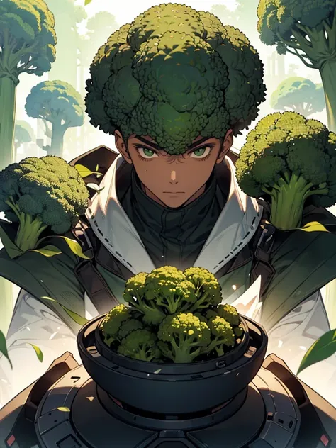 Skin color is green,Broccoli growing from head,Face is green in color,cyborg,ー,(Image of 1 person),Male images),背景はa large amount of broccoli,a large amount of broccoli,