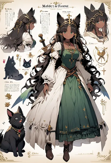 Framed Presentation of a dark green foxgirl, woman character design sheet, with detailed accessories, shoes, medieval equipament, swords, full body, perfect, ((masterpiece)), fox pet, spirit of the forest