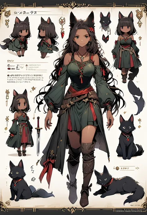 Framed Presentation of a dark green foxgirl, woman character design sheet, with detailed accessories, shoes, medieval equipament, swords, full body, perfect, ((masterpiece)), fox pet, spirit of the forest